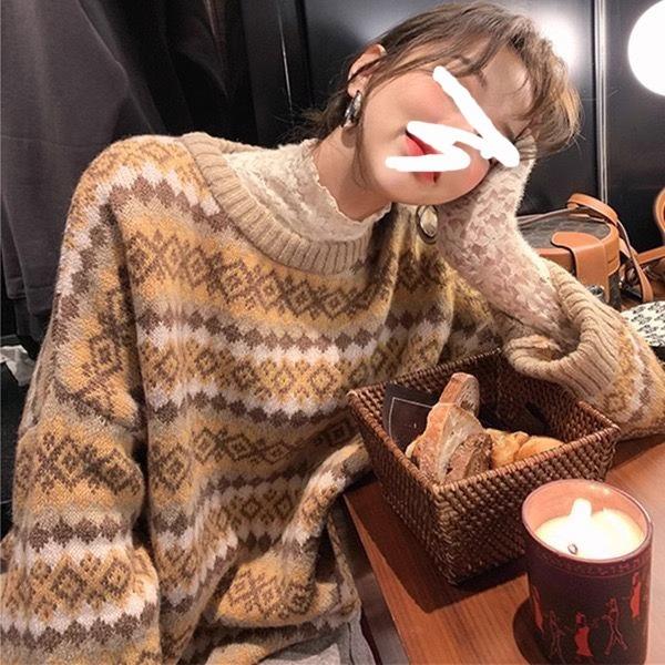 

Японский ретро женский свитер полосатый жаккардовый топ с круглым вырезом женский свободный ленивый стиль теплый пуловер Average size