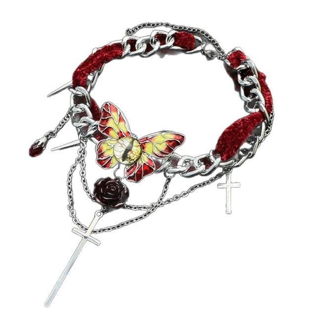 

Eyes Butterfly Rose Choker Corss Tassel Beaded Necklace Fashion Y2K Velvet Necklace Girls красный