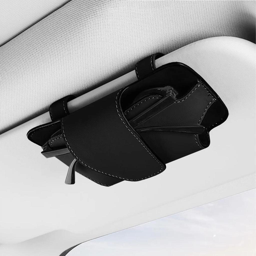Sun Visor Storage Compatible with Glasses and PU Slim Design for Car Organization Clip-on Holder, Smartphones, Leather, (Black)