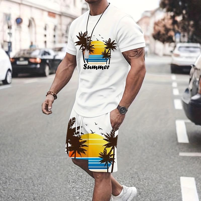 Stylish Men's Casual Suit Summer Breathable And Refreshing Suit Beach Style Printed 3D Coconut Oversized Men's Loose Top