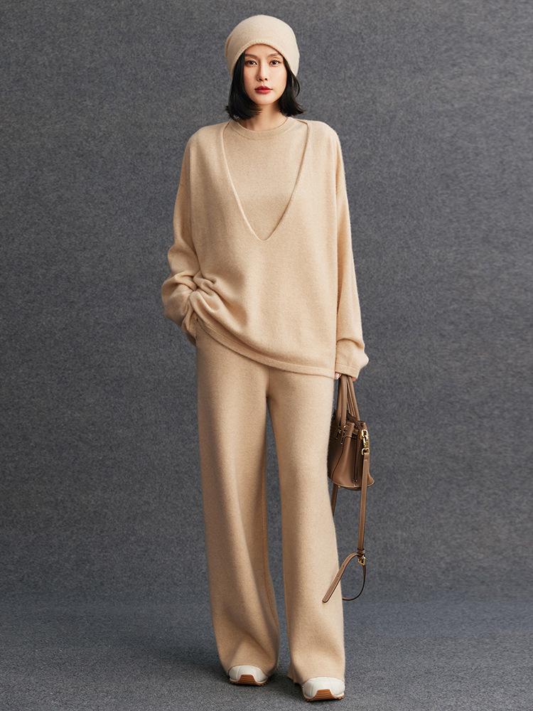 Set di maglieria casual da donna in cashmere, vestibilità larga, tre pezzi, per Autunno/Inverno