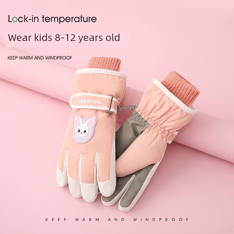 Kids Ski Gloves Winter Girl Fleece-lined Thickened 8-12 Years Old Student Cycling Windproof Heattech Snow Playing Cotton Gloves