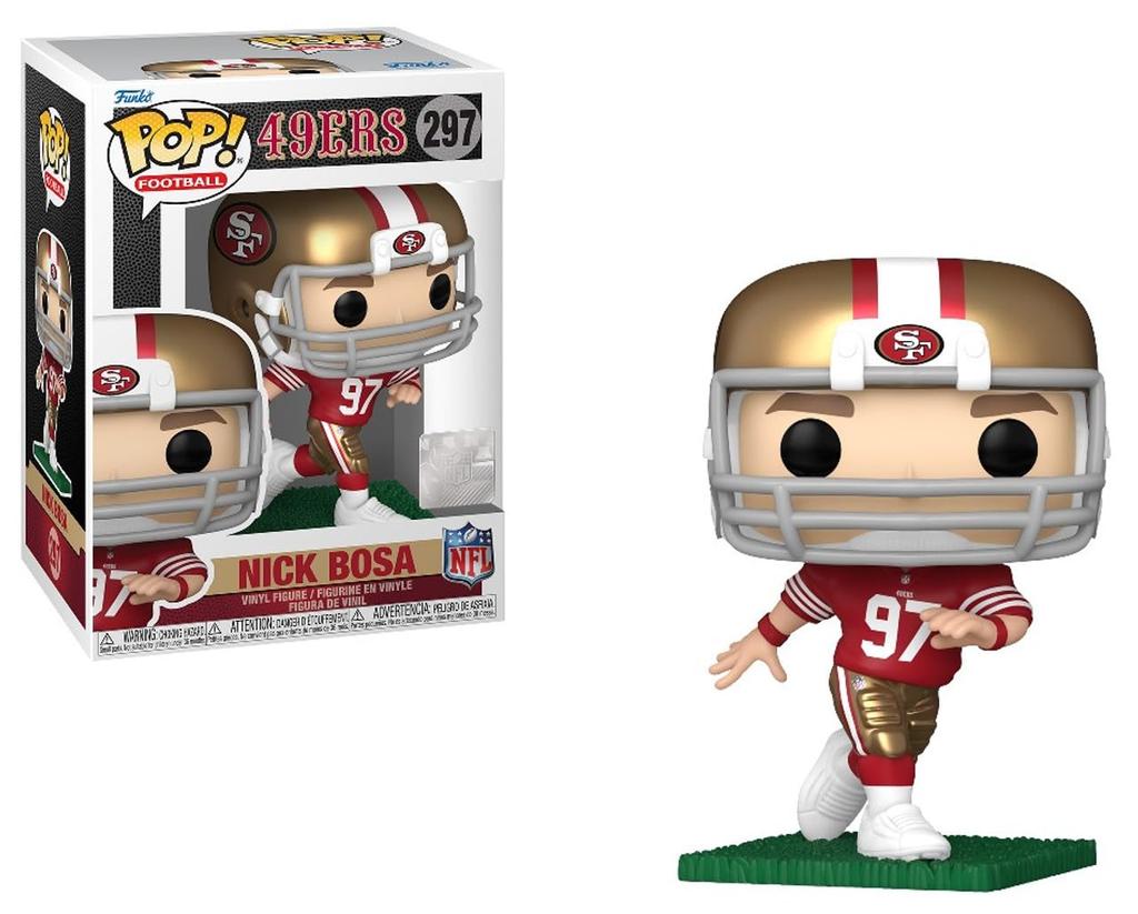 POP Football: Nick Bosa (Running) (Red & Gold Home Uniform) Funko Vinyl Figure (Includes Compatible Box Protector Case), Multicolor, 9.5cm
