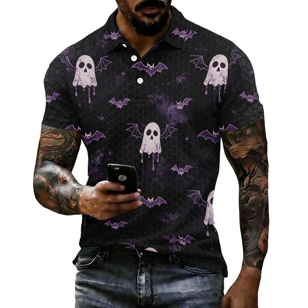 Men's Halloween Print Short Sleeve Polo Shirt Loose Fit Casual Summer Daily Wear Button Down Collar Top