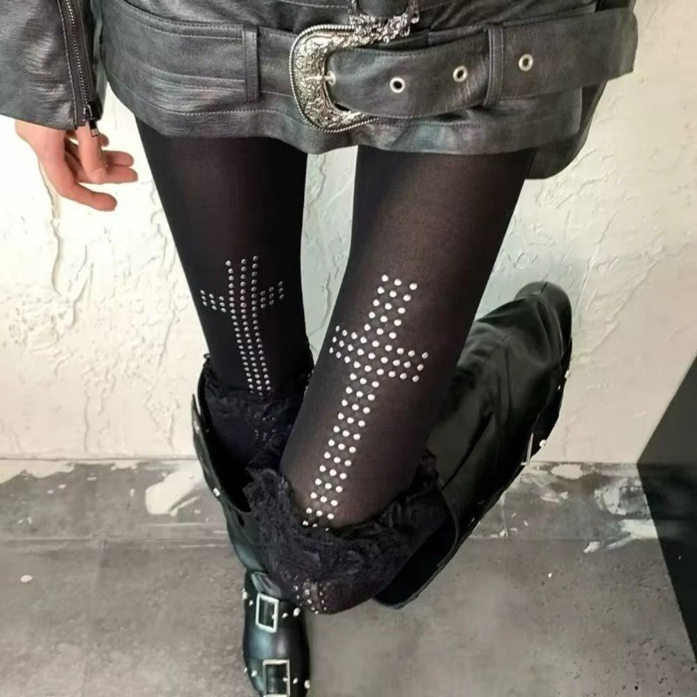 Rhinestone Cross Y2K Pantyhose Retro 2000s Cosplay Pantyhose Vintage Women's Leggings Casual Wear