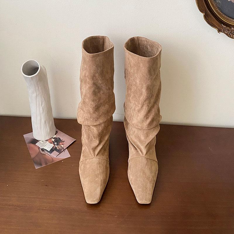 Mode Mode Flock Damen Mid-Calf Stiefel Schuhe Mit Höhenerhöhendem Schuhwerk Plissierte Damen Moderne Stiefel Weibliche Slipper