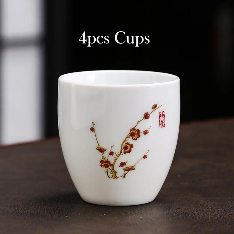 4pcs White Porcelain Teacup 145ml High-capacity Hand-Painted Ceramic Tea Bowl Travel Meditation Cup Chinese Tea Set