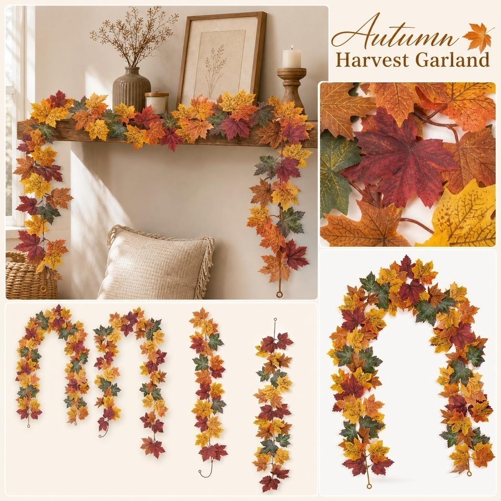 Artificial Autumn Leaf Garland with Realistic Vines and Pumpkin Decorations for Seasonal Home and Event Decoration Indoor and Outdoor Use