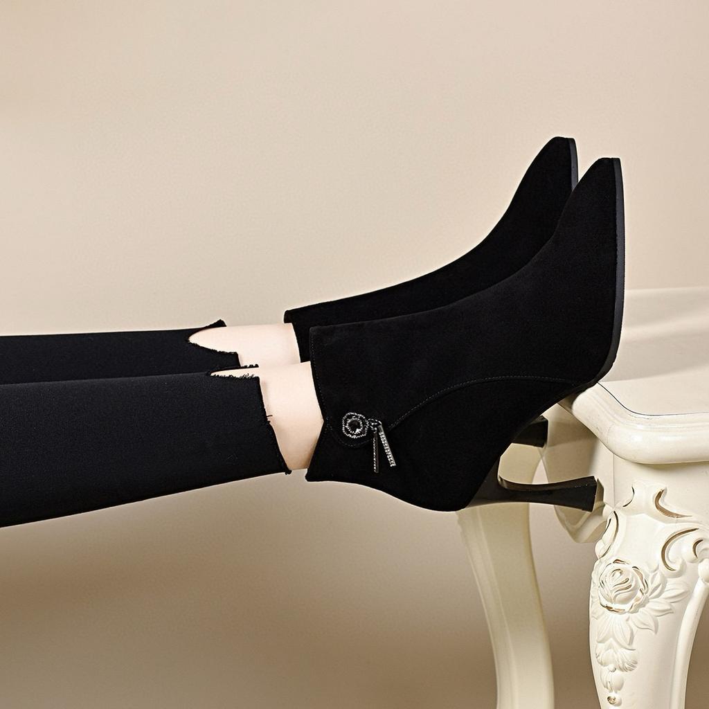 Pointed High-heeled Boots Women's Autumn and Winter New Thin-heeled Fashion Boots Black Fringed Flower Short Boots Ankle Boots