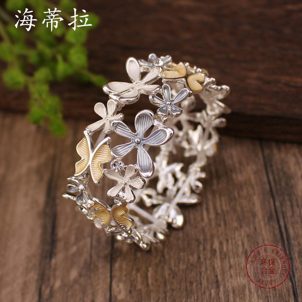 Color Painted Oil Flower Butterfly Elastic Bracelet Fashion Versatile Ladies Butterfly Flower Alloy Bracelet