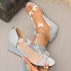 Women's Back Zipper Rhinestone Wedge Sandals Iris I-Shaped Beach Sandals