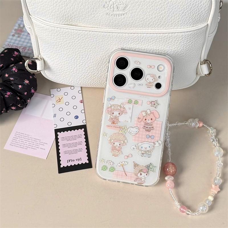 Cute HelloKitty Characters Clear Phone Case For iPhone 17 16 15 14 Pro Max Kawaii Pink Beaded Wrist Strap Protective Cover for G