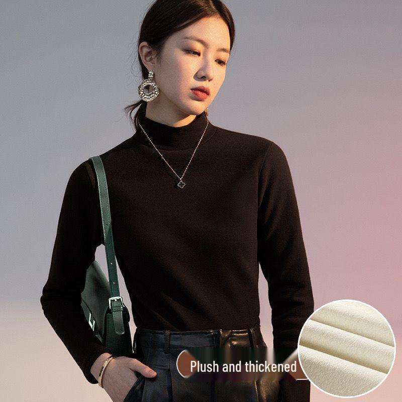 Women's Velvet Semi-High Neck Long Sleeve T-Shirt - Thick, Warm, and Versatile for Autumn and Winter
