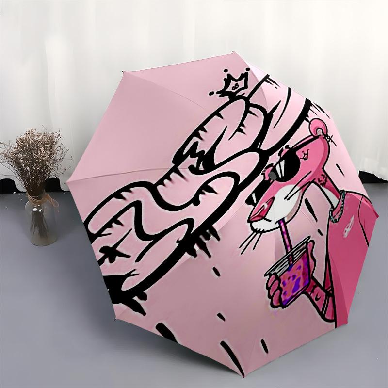 1pc pink panther iced coffee Automatic Open Close Umbrella with 8-Rib Windproof Canopy Compact Portable Travel Umbrella10317