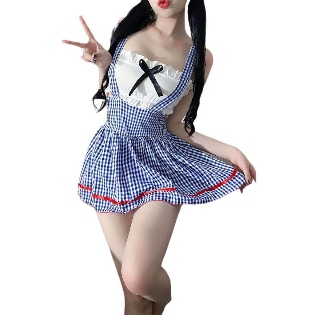 Small fresh blue and white plaid maid sweet lace tube top strap plaid sexy 0