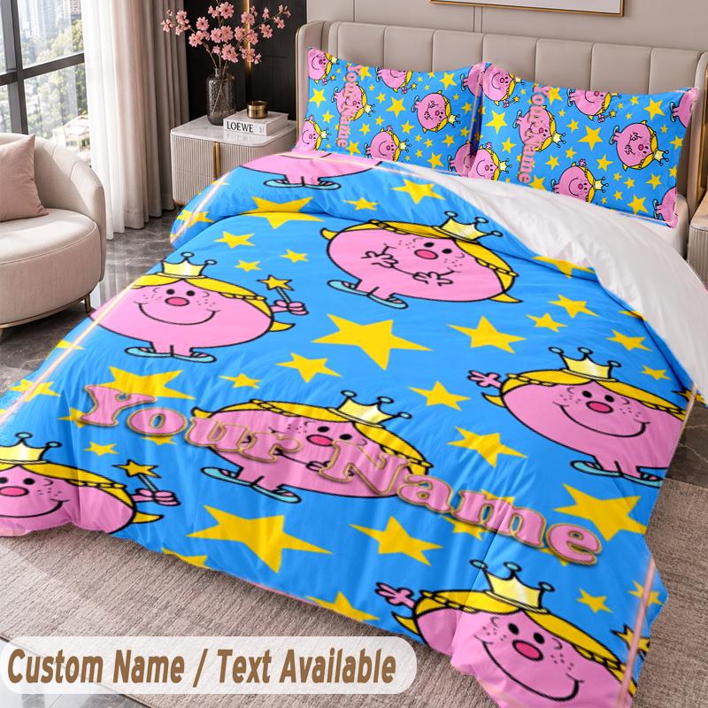 Custom Name Text 3Pcs Bedding Set Mr. Men & Little Miss Duvet Cover And Two Pillowcases