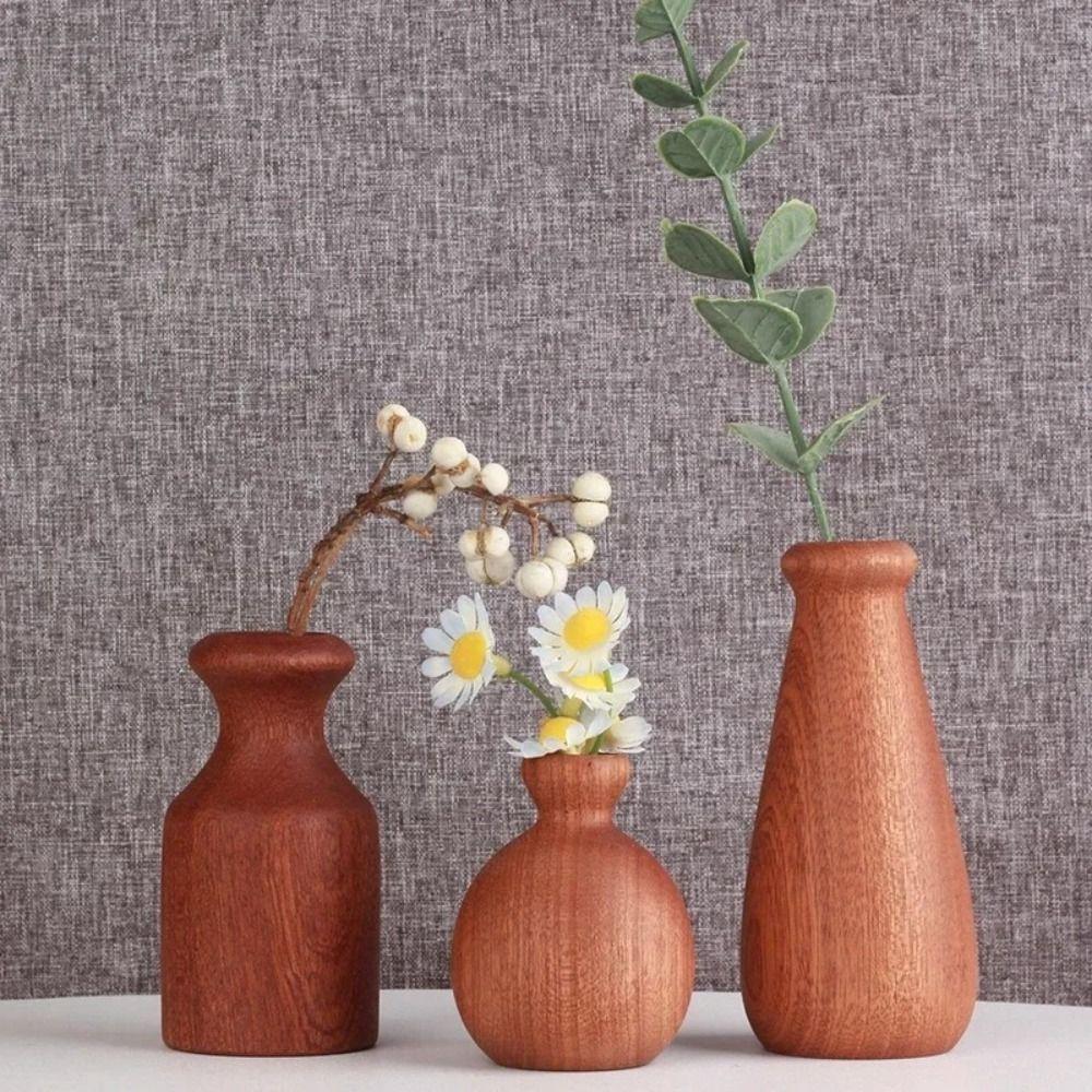 Minimalist Wood Dried Flowers Vase Vintage Style Elegant Solid Wood Pot Small Planter Desk Decoration
