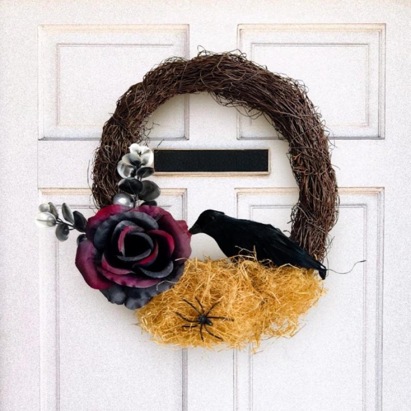 Halloween Dead Branch Rose Crow Wreath Gothic Garland Creepy Decor For Front Door Porch Window Indoor Outdoor Halloween Decor