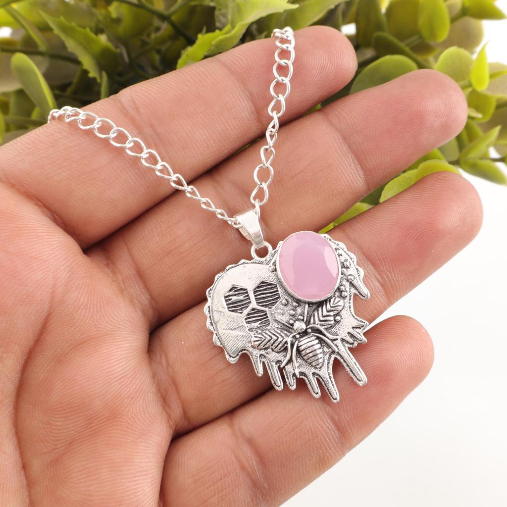 Adorable Rose Chalcedony Gemstone Jewelry, 925 Solid Sterling Silver Pendant, Handmade Spiritual Pendant For Grandma Gifts