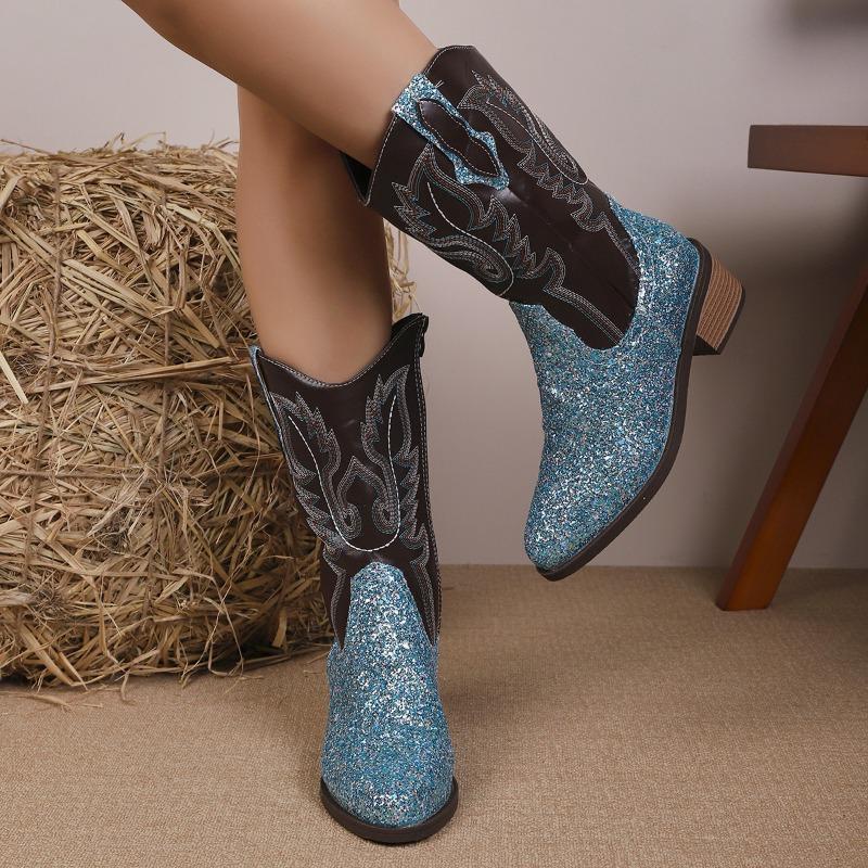 Autumn foreign trade large size retro style thick heel high boots women's cross-border embroidery color matching temperament side zipper knight boots