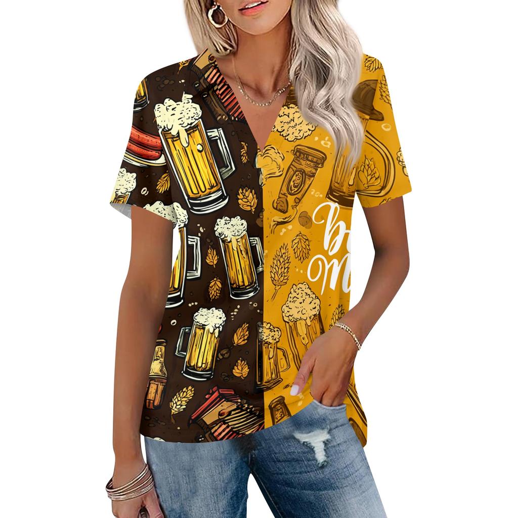 Women Casual V Neck Short Sleeve Polo Shirt Oktoberfest Print Collared Top Lightweight Summer Blouse