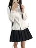 Women's Spring College Style Lace Trim Two-Piece Set: Slim Waist-Cinched Long-Sleeve Shirt & Pleated Skirt