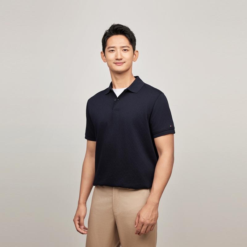 Tommy Hilfiger Smooth Silk Cotton Pure Cotton Business Jacquard Short Sleeve Polo Shirt Men Tops Navy-Blue MW0MW35611
