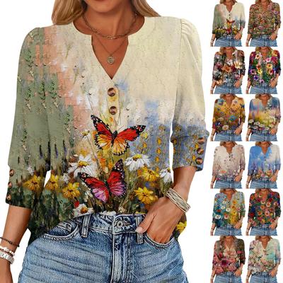 Women's Retro Printed Loose 7-inch Sleeve Top
