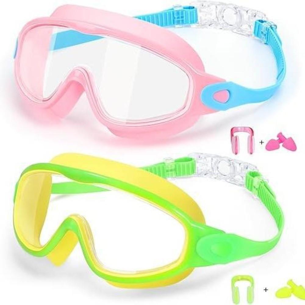 2 Pack Attached Earplugs Kids Swim Goggles Adjustable Comfortable Anti Fog Goggles Anti-UV with Nose Clip Waterproof Goggles