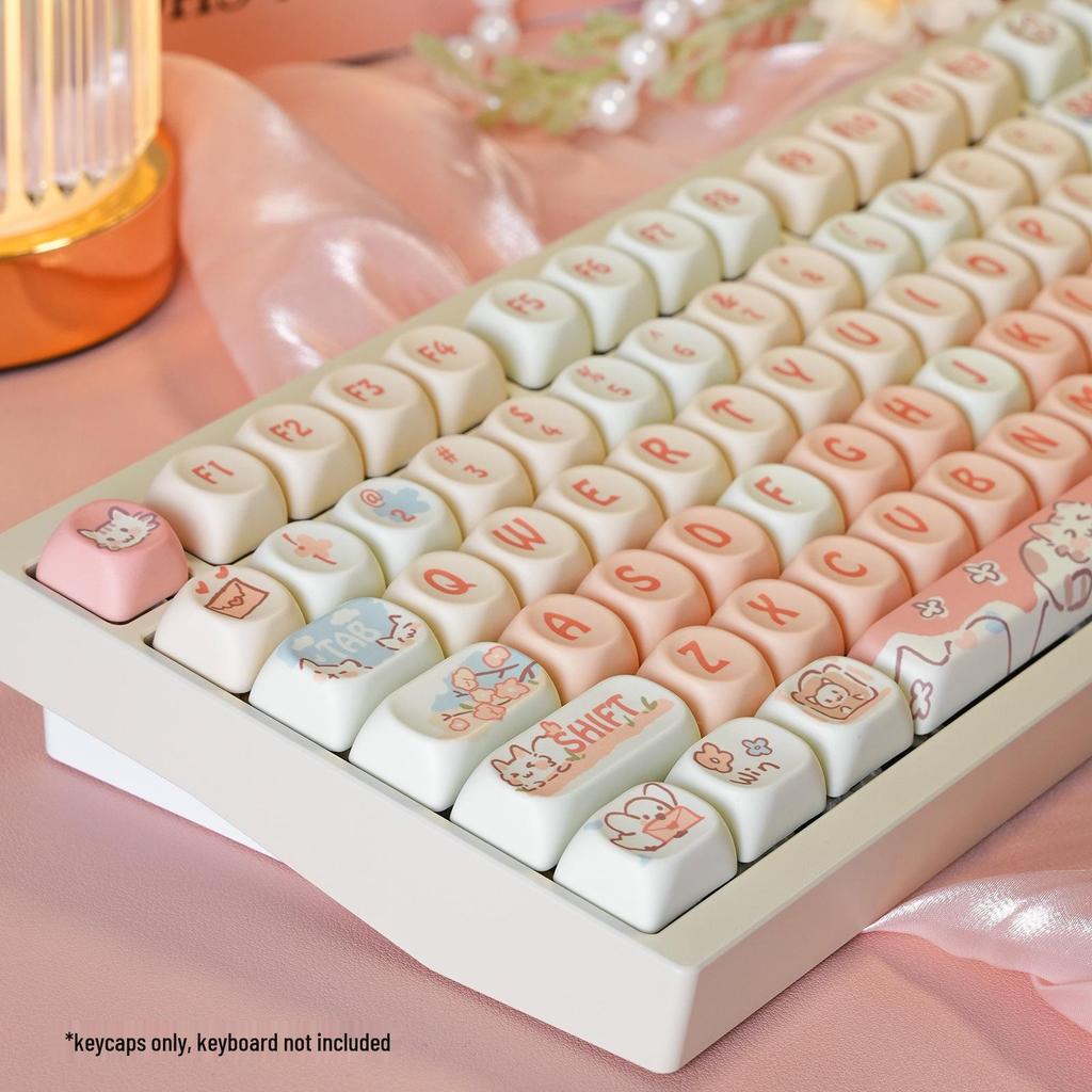 MOA Cute Pink Strawberry Kitten Keycaps Set for Mechanical Keyboards (75/98)
