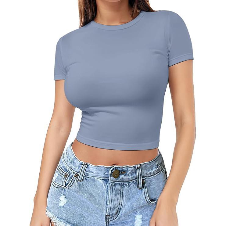 European & American Style Crop Top: Women's Summer Fashion Milk Silk T-Shirt, Short Sleeve, Round Neck.