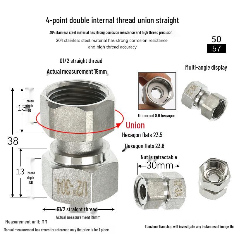 304 Stainless Steel Swivel Union Female Thread Pipe Fitting, Double Female Thread, 6 Points, 4 Points, 1 Inch, for Water Meter/Pump