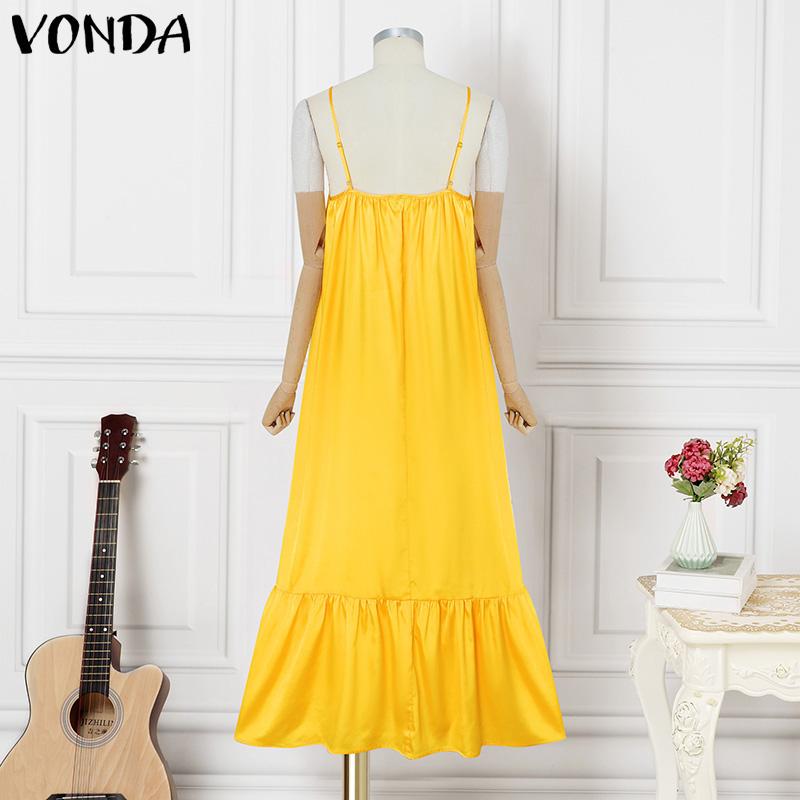 VONDA Summer Women Sleeveless Strap Solid Satin Casual Beach Loose Maxi Pleated Dress