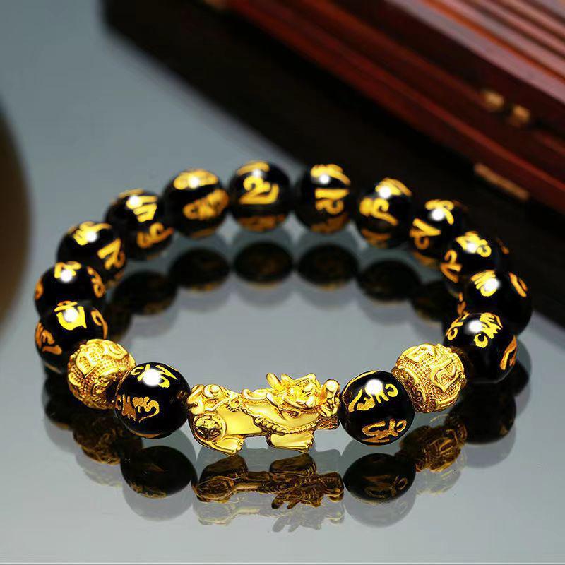 

Gold-Plated Six-Character Mantra Buddha Bracelet: Men s Black Obsidian Agate with Gold Beads and Pixiu. 12 Beads