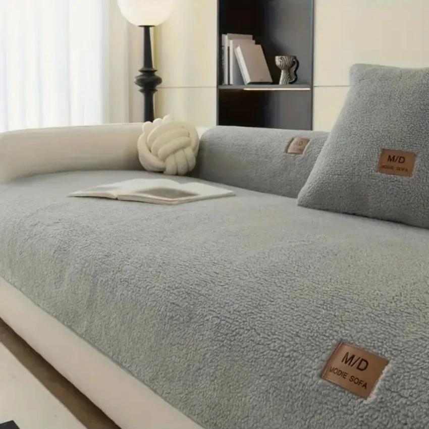 Lamb Plush Sofa Cushion in Autumn and Winter Thickened Warm Seat Cushion with High-end Sense and Anti-slip 70X150CM серый