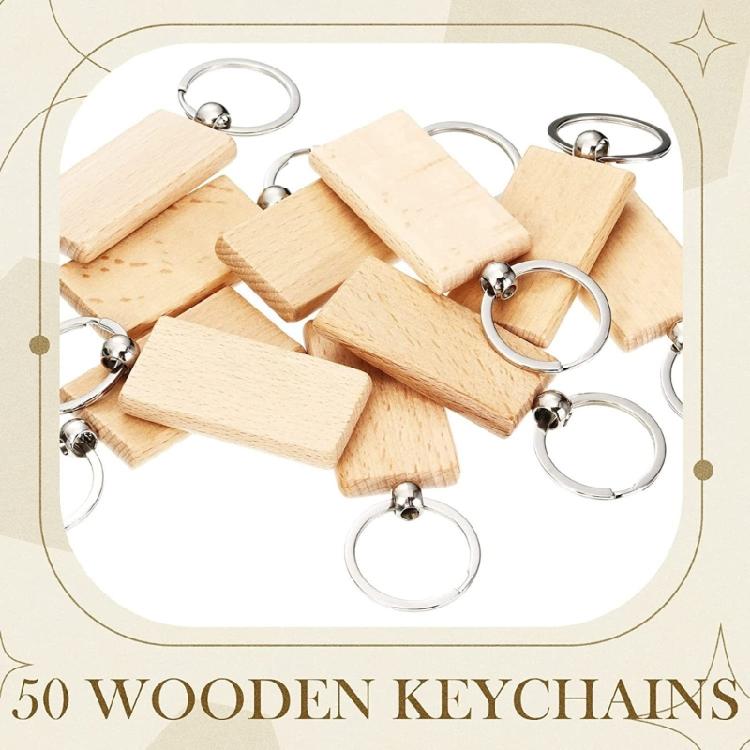 Pack of 50pcs Unfinished Wood Slices Blank Keychain Handcraftrd Wooded Key Chain