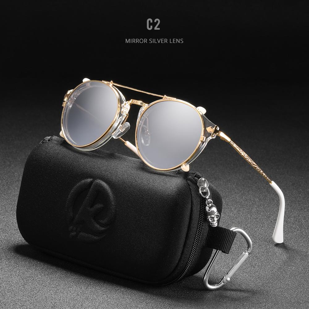 KDEAM Steampunk Clip On Sunglasses Men Round Sun Glasses Women Baroque Carved Legs All-matching Size With Box