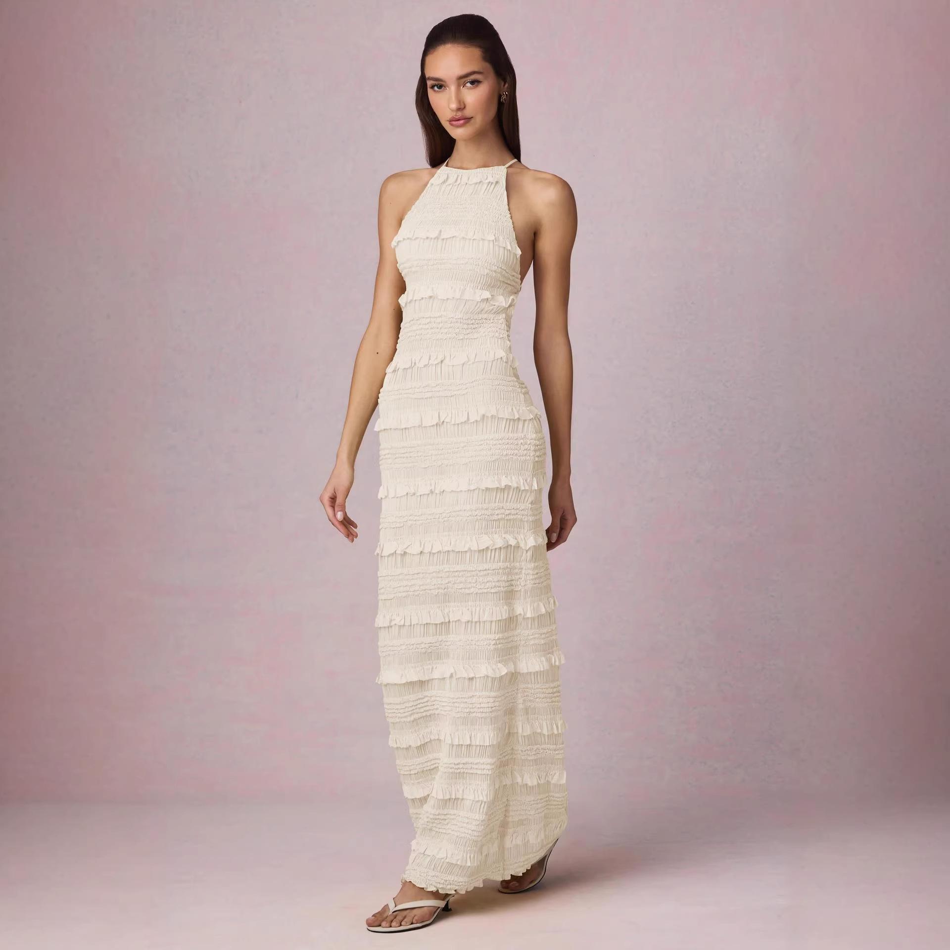 

Summer new European and American sexy lotus leaf lace halter neck strap super long dress XL білий