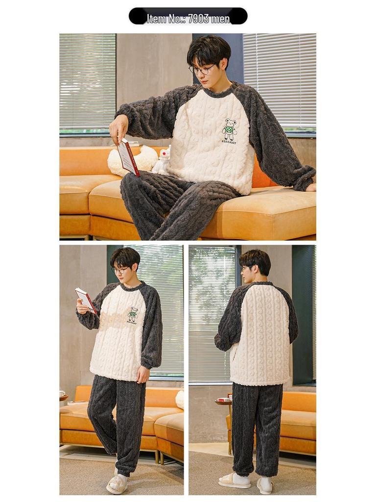 Men's Winter Thickened Coral Fleece Pajamas: Cute Cartoon Warm Homewear Set for Teenagers and Students