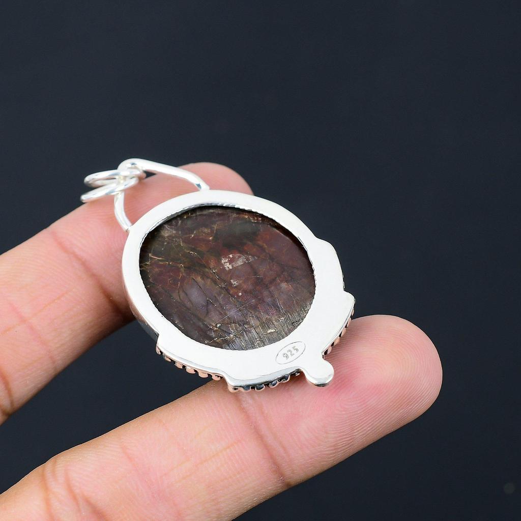 925 Sterling Silver Oval Natural Gila Monster Agate Daughter Engagement Pendant