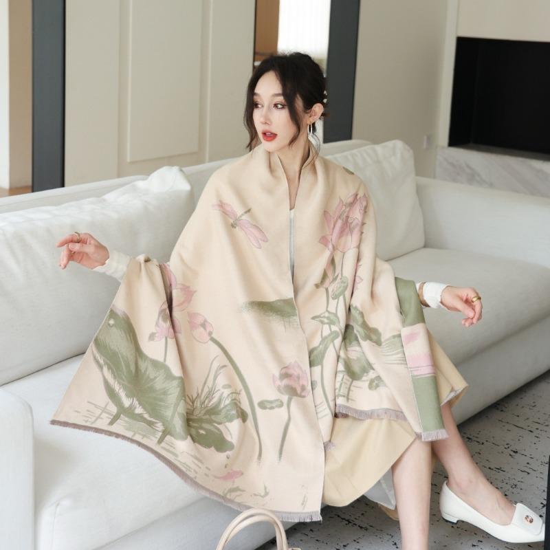 Imitation cashmere ink painting lotus scarf women's new warm simple autumn and winter double-sided thickened scarf