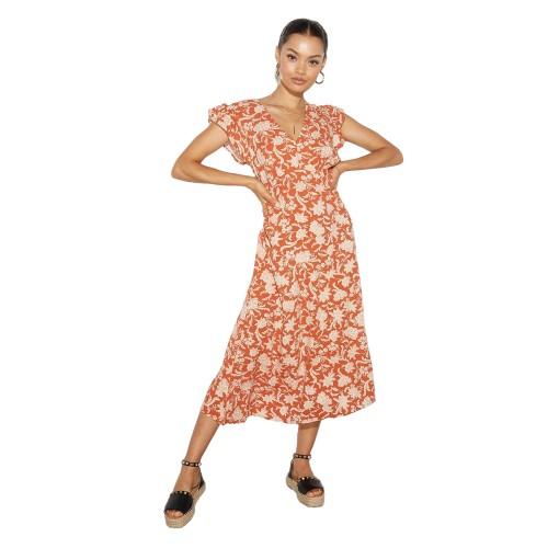 Dorothy Perkins Womens/Ladies Floral Button Neck Petite Ruffle Midi Dress 12 UK rouillé