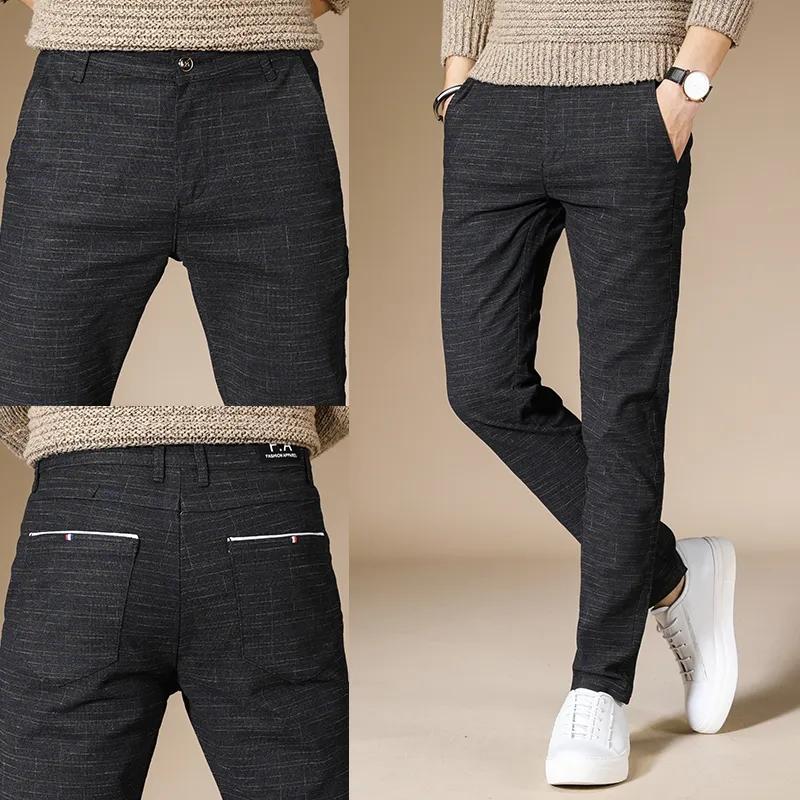 Pánské ležérní bavlněné plátěné kalhoty business kostkované kalhoty rovné tenké dlouhé kalhoty kancelářské kalhoty na jaro a podzim