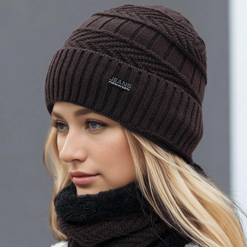 1 Stück Damen/Herren Einfarbiges Thermofutter Strickmütze & Halswärmer Set, Geeignet für Outdoor-, Straßen- und Alltagsgebrauch im Herbst/Winter