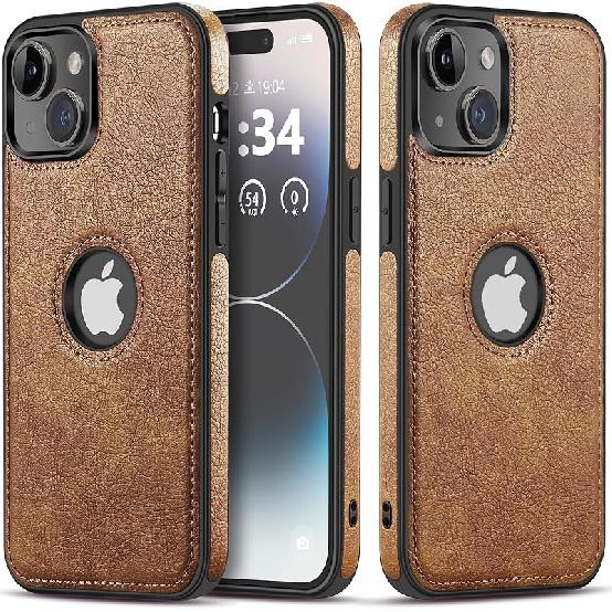 Classy Design Luxury Leather Phone Case for iPhone 15 Non-Slip Grip Full Body Ultra Slim Protective Case (2023,6.1”) (Brown)