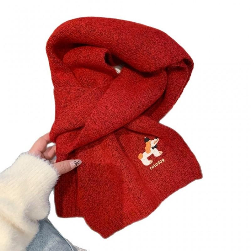 Knitted Wool Scarf Women Winter Warm Cozy Dog Embroidery Style Ins Trendy Neck Wrap Student Accessory