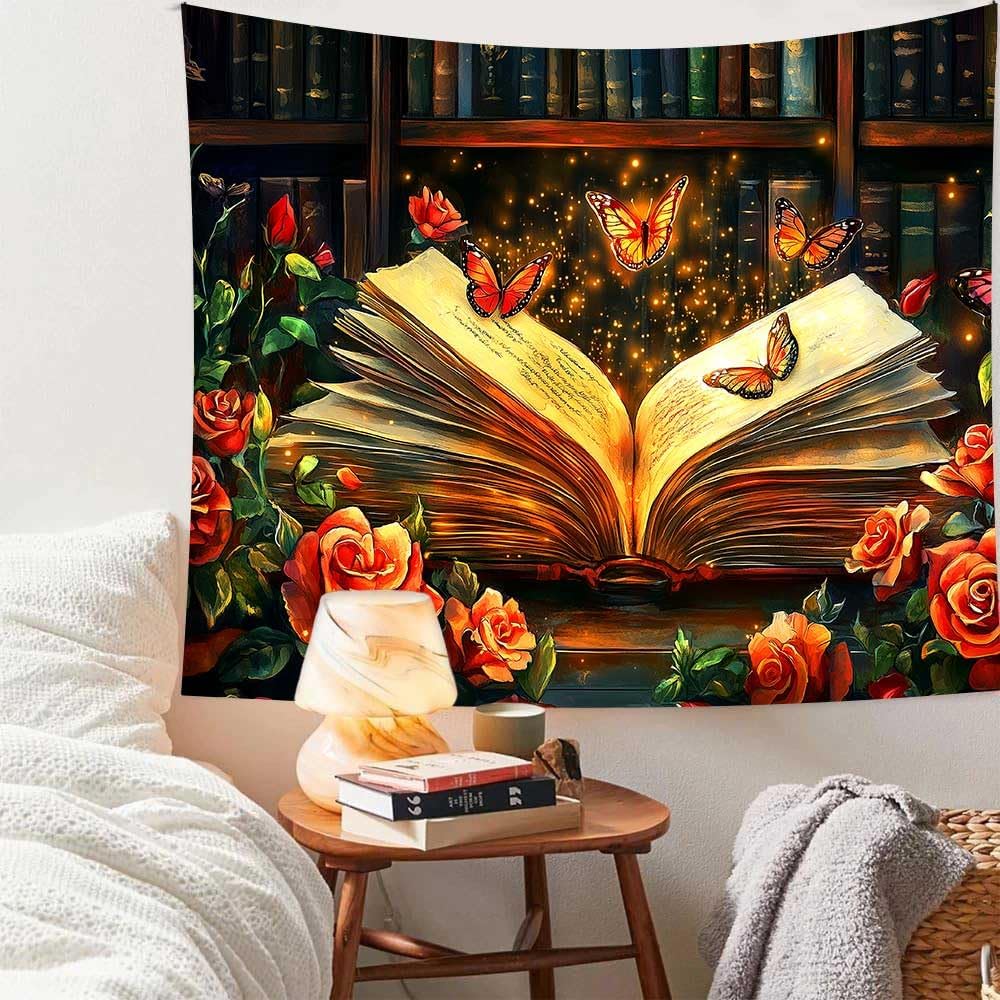 Butterfly Bookshelf Tapestry Flower Tapestries Magic Book and Red Roses Reading Concept Library Reading Room Bedroom Decoration