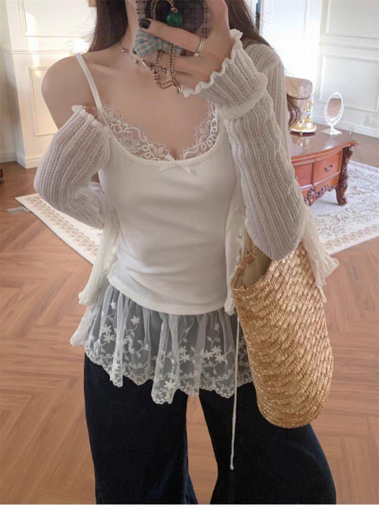 

Тонкая майка с кружевной отделкой: Женский летний многослойный жилет L белый