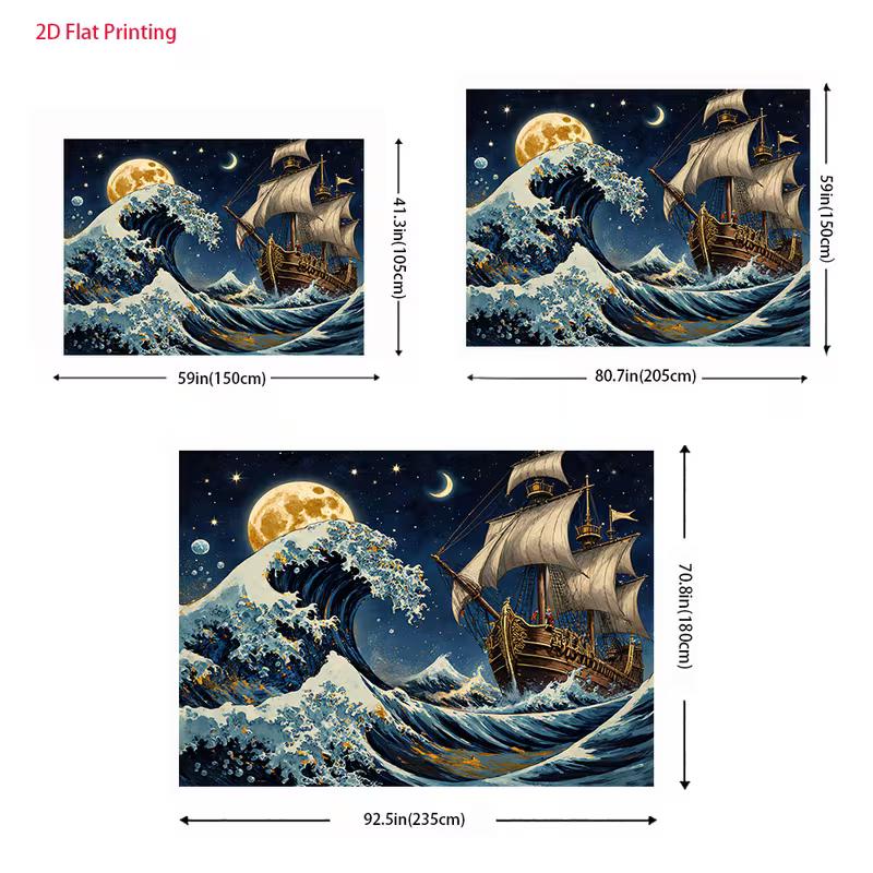 2D Starry Night Pirate Ship Backdrop Big Ocean Waves & Moonlight Background for Studio