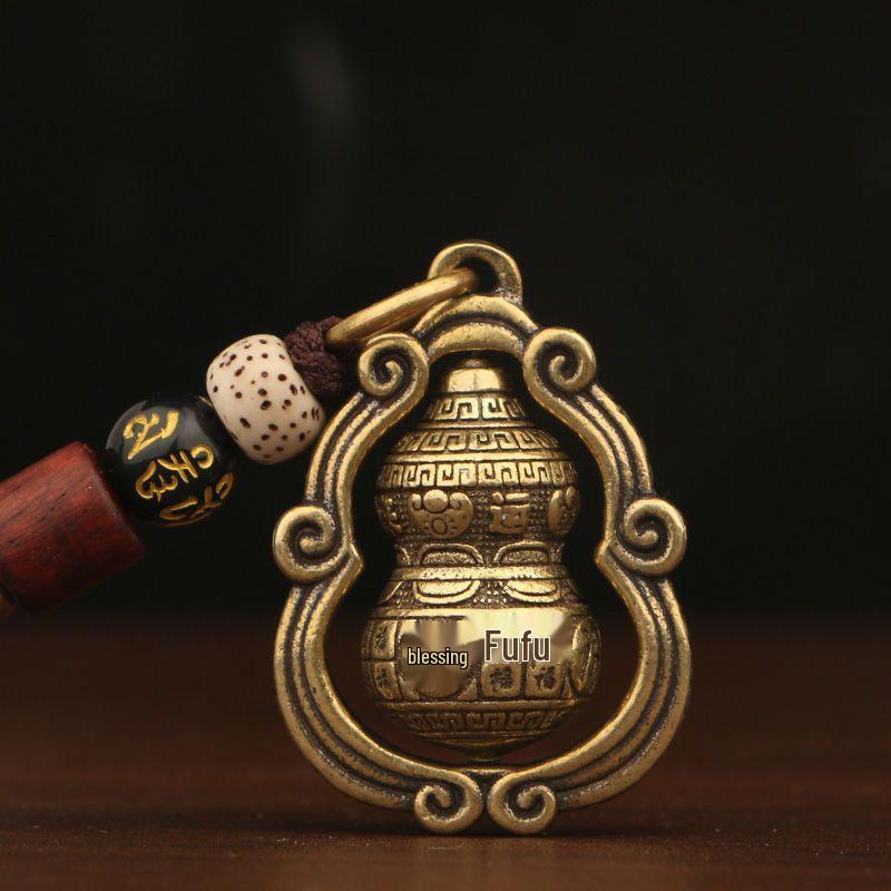 Rotating Brass Gourd Fortune Keychain with Auspicious Cloud Pendant